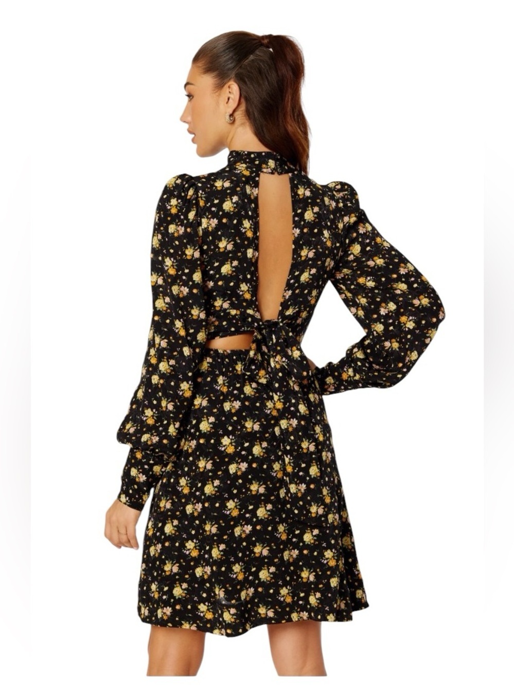 Yumi Women’s Midi Long Sleeve Open-Back Black Floral Night Garden Dress New M